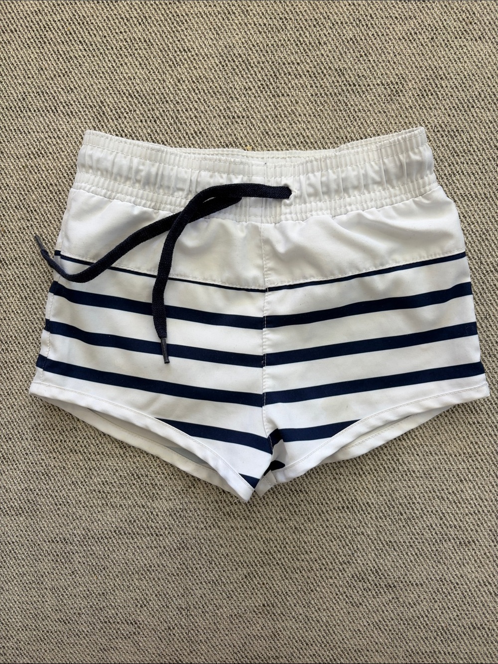 Kids White & Navy Striped Swim Trunks with Drawstring